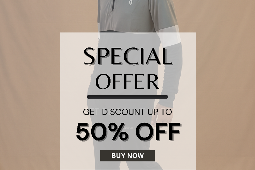 Person wearing a gray athletic outfit with a special offer overlay on a beige background