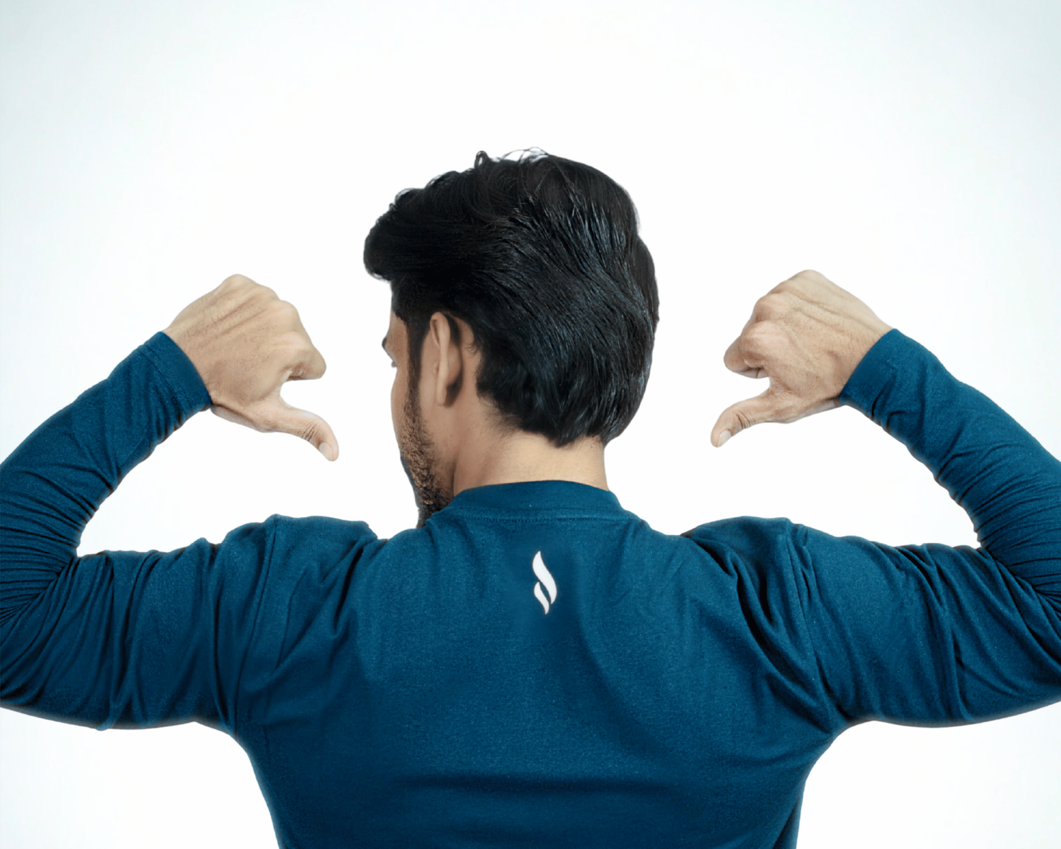 Person wearing a blue long-sleeve shirt with a logo on the back, showing thumbs down with both hands on g.m stereo logo