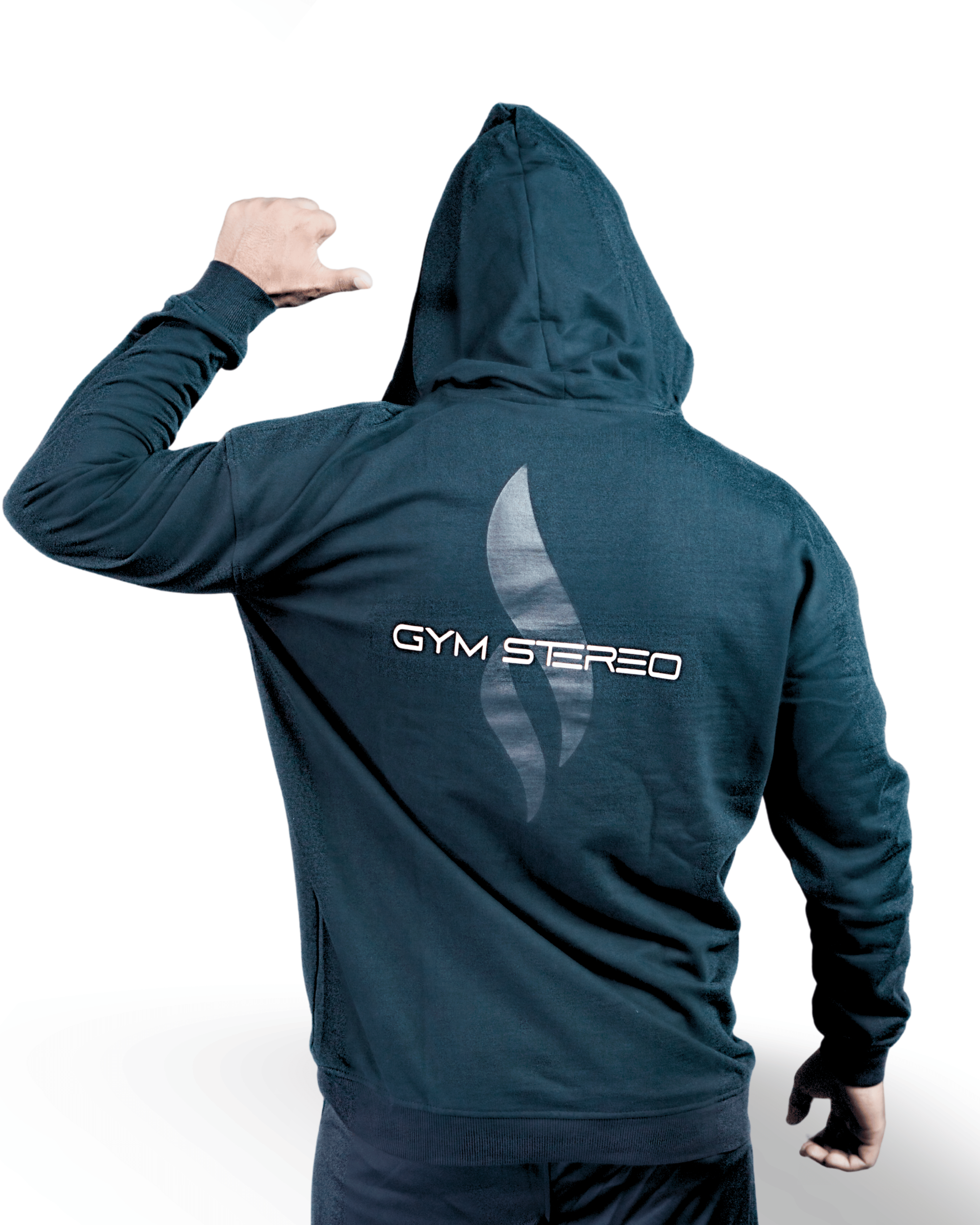 Person wearing a dark blue hoodie with 'GYM STEREO' branding on the back, on a white background.