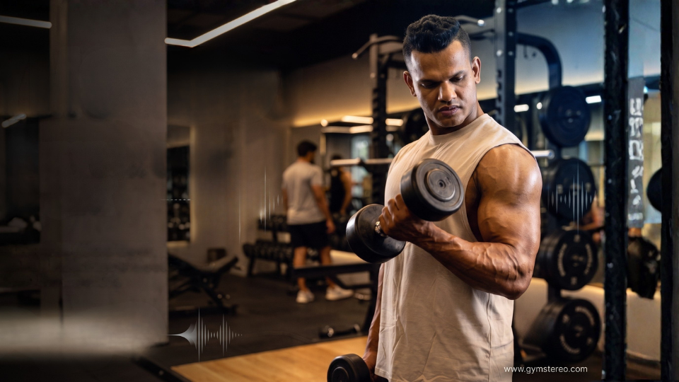 A muscular man in a gym lifting a dumbbell, wearing a beige sleeveless athletic tank top. The background shows other gym equipment and another person working out in a dimly lit fitness center.